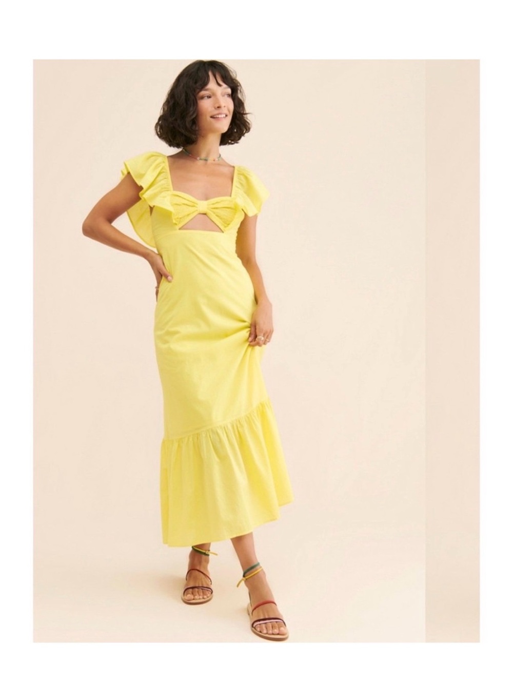 FARM Rio Yellow Bow-Front Midi Dress with Ruffle Sleeves
